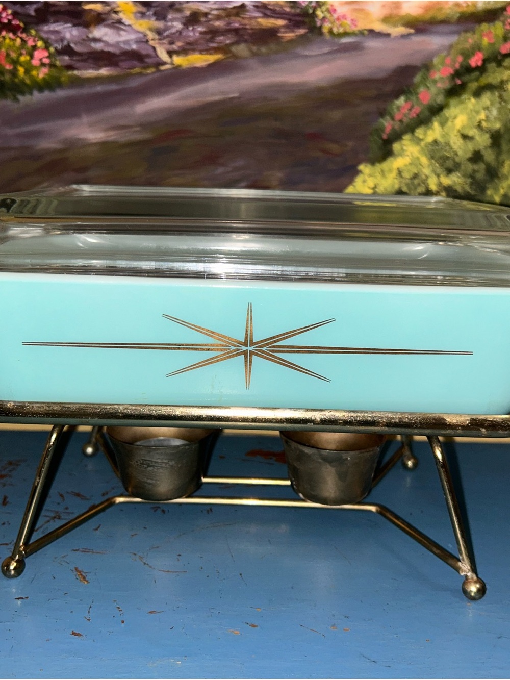 Rare Pyrex Atomic Starburst 2 QT Dish with Glass Lid and Stand Warmer - Picture 7 of 16